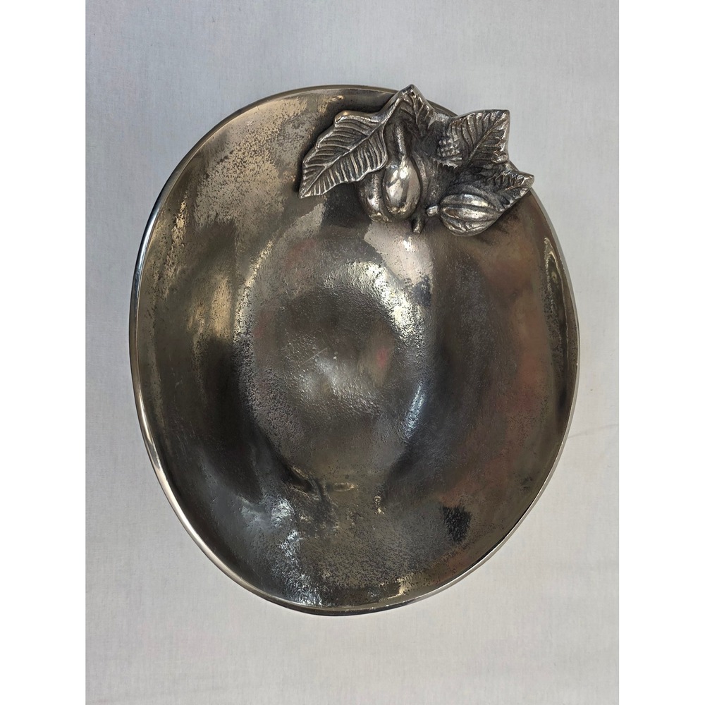 Cast Metal Oval Serving Bowl with Fruit and Leaf Detail Silver Tone 10 Inch
